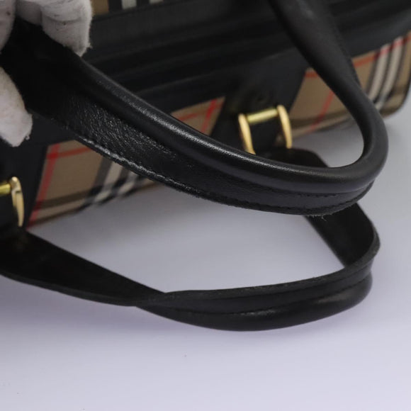 Burberrys Nova Check Boston Bag Leather Canvas Beige Black gold Auth am7839