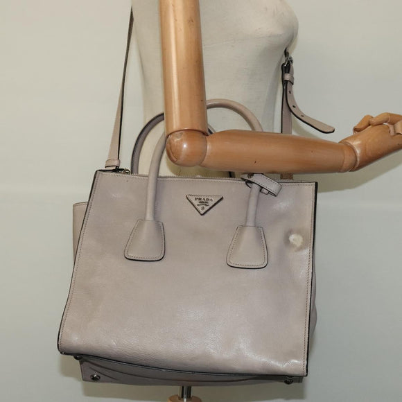 PRADA Hand Bag Leather 2way Beige Silver Auth am7940
