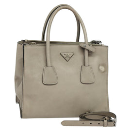 PRADA Hand Bag Leather 2way Beige Silver Auth am7940