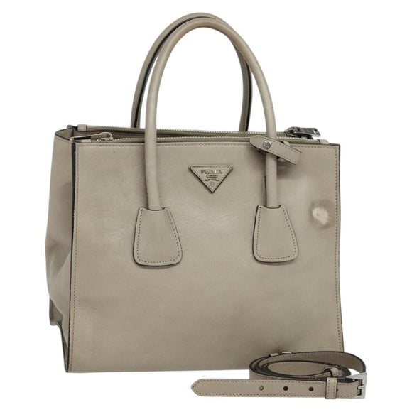 PRADA Hand Bag Leather 2way Beige Silver Auth am7940