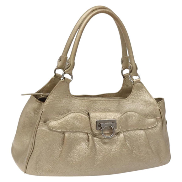 Salvatore Ferragamo Gancini Hand Bag Leather Gold Auth am7952