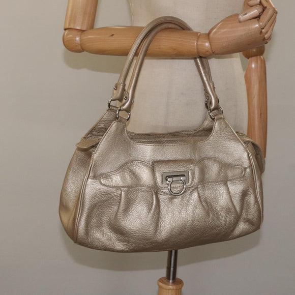 Salvatore Ferragamo Gancini Hand Bag Leather Gold Auth am7952