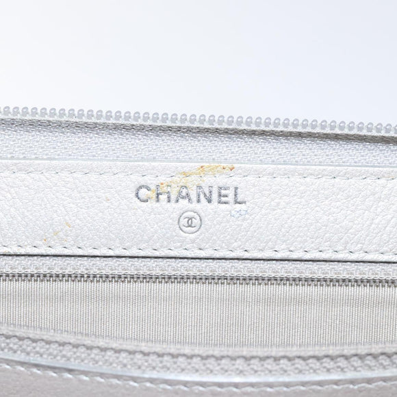 CHANEL Camelia Long Wallet Leather Silver CC Auth am7960