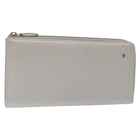 CHANEL Camelia Long Wallet Leather Silver CC Auth am7960