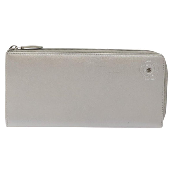 CHANEL Camelia Long Wallet Leather Silver CC Auth am7960