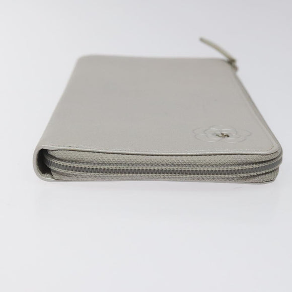CHANEL Camelia Long Wallet Leather Silver CC Auth am7960