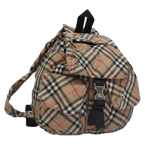 BURBERRY Nova Check Blue Label Backpack Nylon Beige Silver Auth am7971