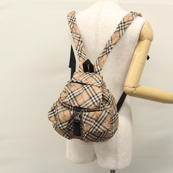 BURBERRY Nova Check Blue Label Backpack Nylon Beige Silver Auth am7971