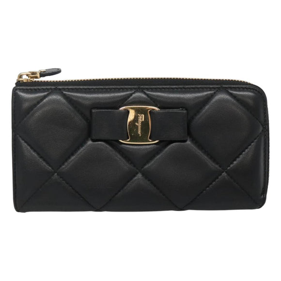 Salvatore Ferragamo Vala Long Wallet Leather Gold Black Auth am8004