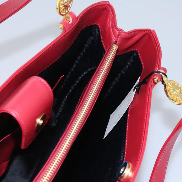 VERSACE Tote Bag Leather Red Gold Auth am8101