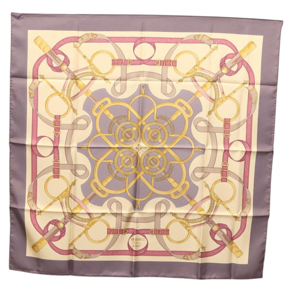 HERMES Carre 90 Scarf ""Eperon d'or"" Silk Beige Auth am8169