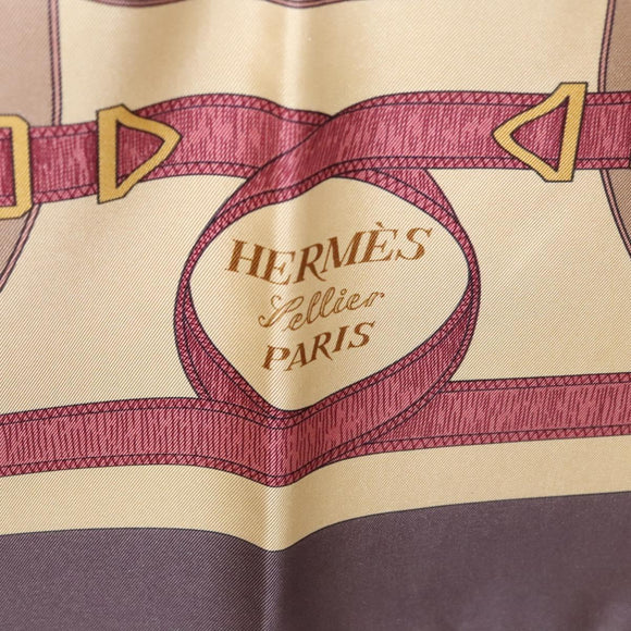 HERMES Carre 90 Scarf ""Eperon d'or"" Silk Beige Auth am8169