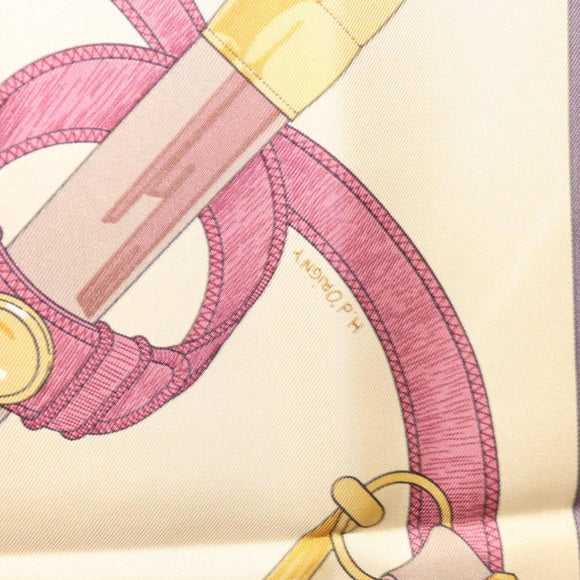 HERMES Carre 90 Scarf ""Eperon d'or"" Silk Beige Auth am8169