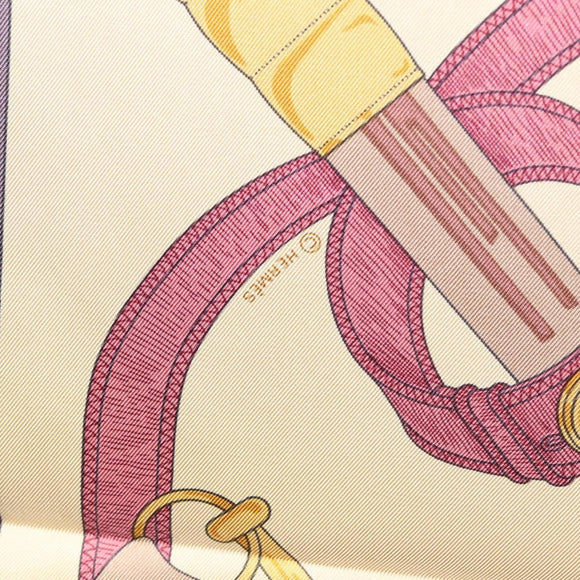 HERMES Carre 90 Scarf ""Eperon d'or"" Silk Beige Auth am8169