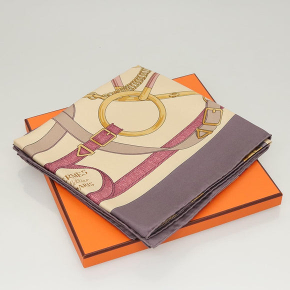 HERMES Carre 90 Scarf ""Eperon d'or"" Silk Beige Auth am8169