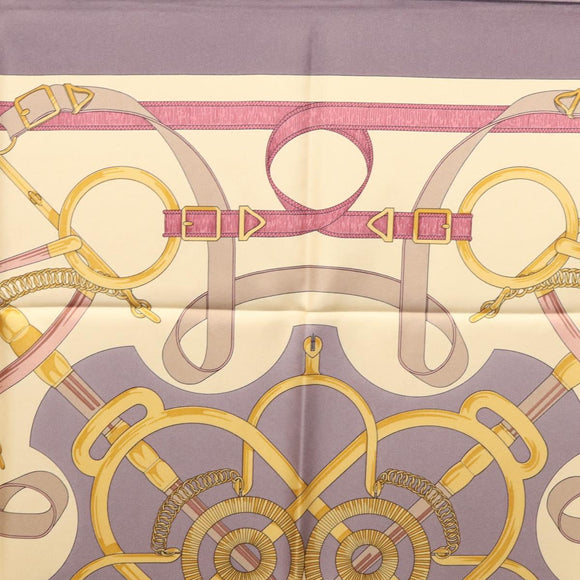 HERMES Carre 90 Scarf ""Eperon d'or"" Silk Beige Auth am8169