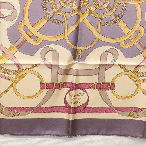 HERMES Carre 90 Scarf ""Eperon d'or"" Silk Beige Auth am8169