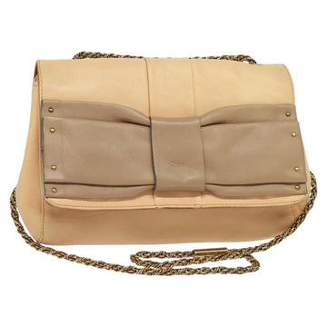 Chloe Chain Shoulder Bag Leather Beige Gold Auth am8219