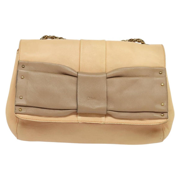 Chloe Chain Shoulder Bag Leather Beige Gold Auth am8219