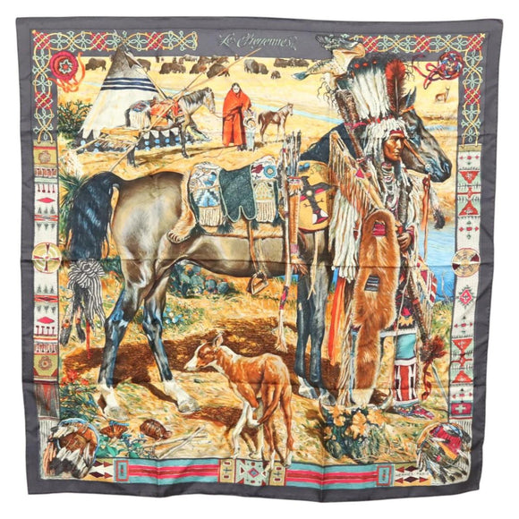 HERMES Carre 90 Scarf ""Les Cheyennes"" Silk Brown Auth am8278