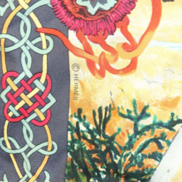 HERMES Carre 90 Scarf ""Les Cheyennes"" Silk Brown Auth am8278