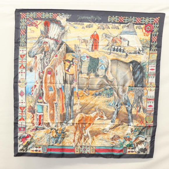 HERMES Carre 90 Scarf ""Les Cheyennes"" Silk Brown Auth am8278