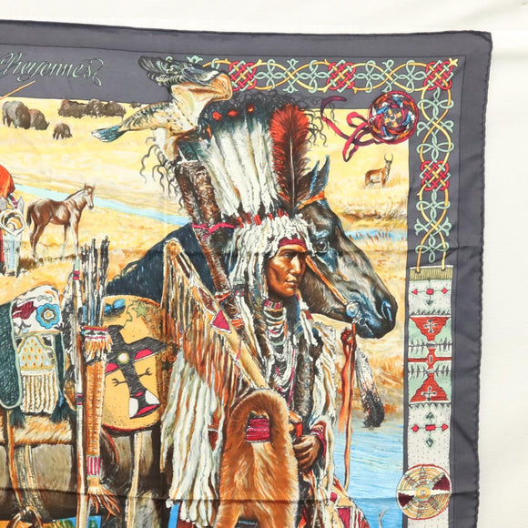 HERMES Carre 90 Scarf ""Les Cheyennes"" Silk Brown Auth am8278