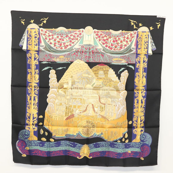 HERMES Carre 90 Scarf ""L ATLANTIDE"" Silk Black Auth am8297