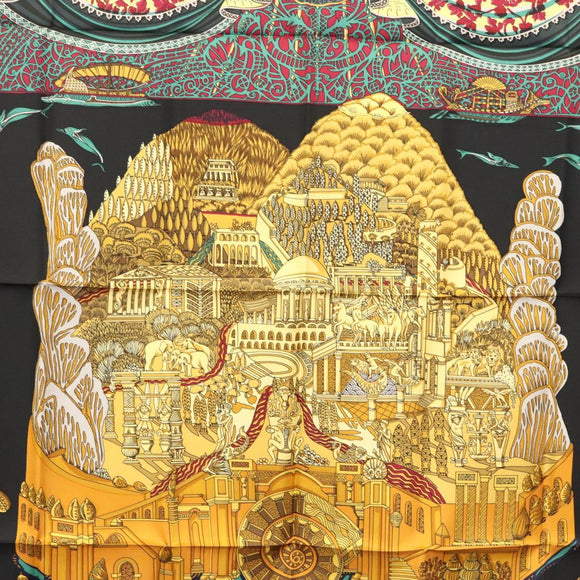 HERMES Carre 90 Scarf ""L ATLANTIDE"" Silk Black Auth am8297