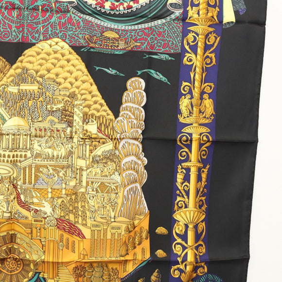 HERMES Carre 90 Scarf ""L ATLANTIDE"" Silk Black Auth am8297