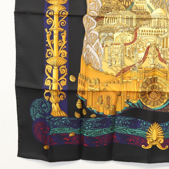 HERMES Carre 90 Scarf ""L ATLANTIDE"" Silk Black Auth am8297