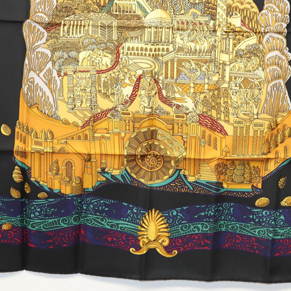 HERMES Carre 90 Scarf ""L ATLANTIDE"" Silk Black Auth am8297