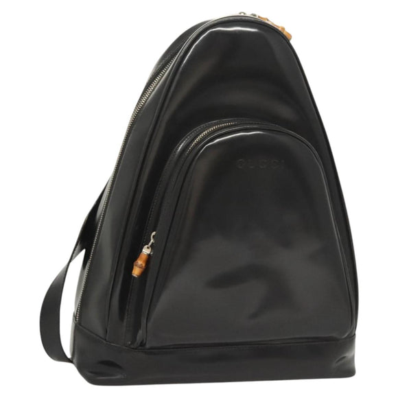 GUCCI Bamboo Shoulder Bag Enamel Black Silver 003 3444 0027 Auth am8391