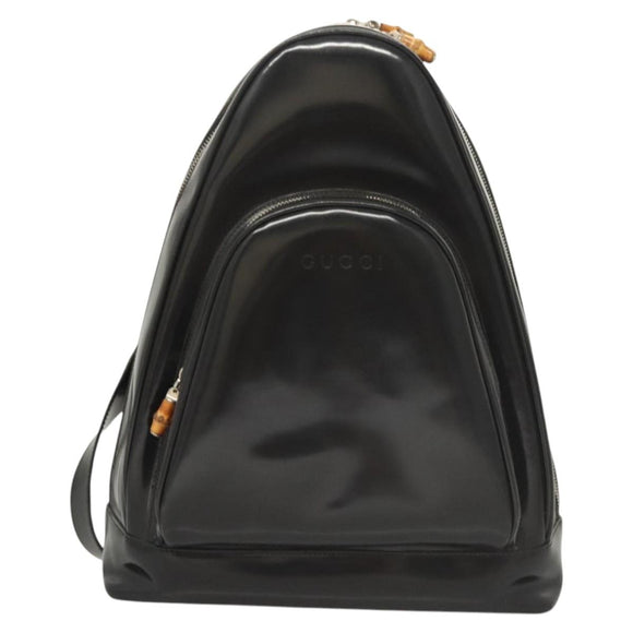 GUCCI Bamboo Shoulder Bag Enamel Black Silver 003 3444 0027 Auth am8391