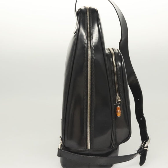GUCCI Bamboo Shoulder Bag Enamel Black Silver 003 3444 0027 Auth am8391