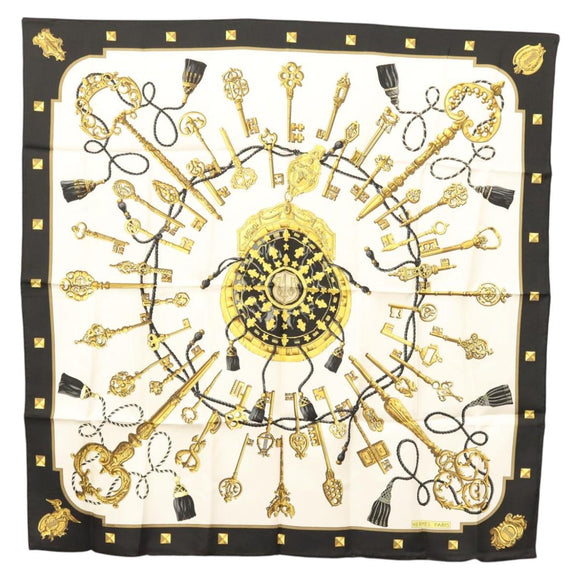 HERMES Carre 90 Scarf ""LES CLES THE KEYS RARE"" Silk White Auth am8434