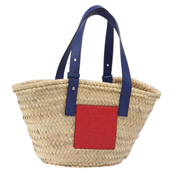 LOEWE Anagram Basket bag Hand Bag Raffia Leather Beige Red Silver Auth am8437