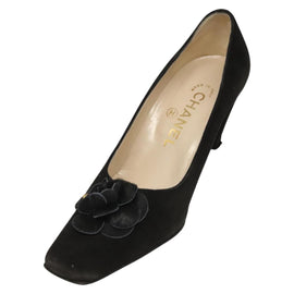 CHANEL Pumps shoes Suede Black CC Auth am8442 - 0