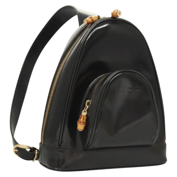 GUCCI Bamboo Shoulder Bag Enamel Black Gold 007 2113 0127 Auth am8459