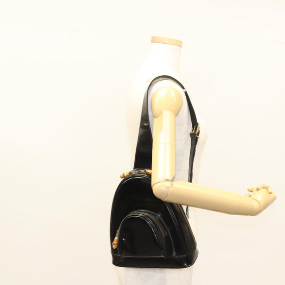 GUCCI Bamboo Shoulder Bag Enamel Black Gold 007 2113 0127 Auth am8459