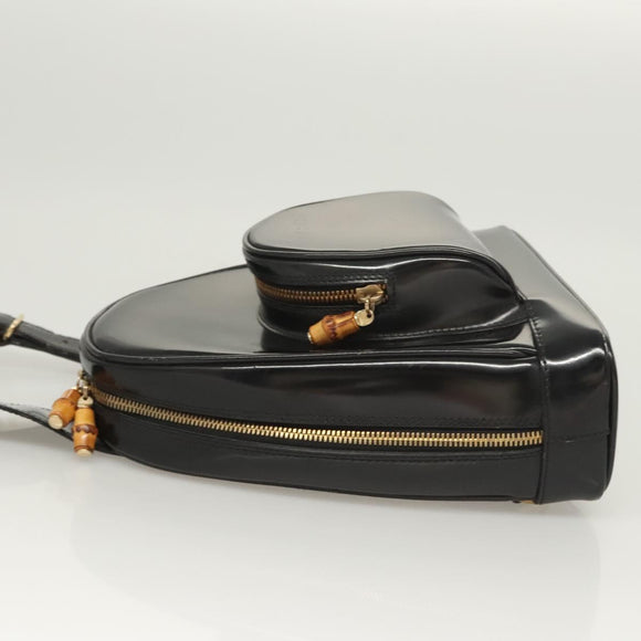 GUCCI Bamboo Shoulder Bag Enamel Black Gold 007 2113 0127 Auth am8459
