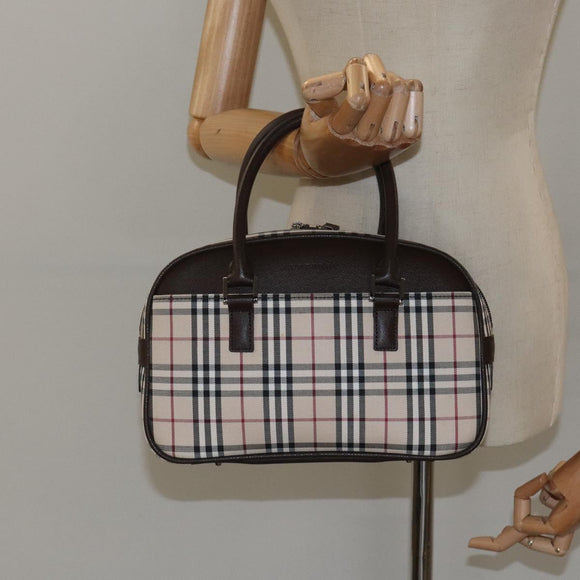 BURBERRY Nova Check Hand Bag Canvas Beige Silver Auth am8470