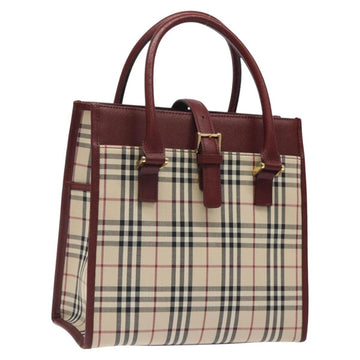 BURBERRY Nova Check Hand Bag Canvas Beige Wine Red gold Auth am8471
