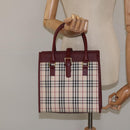 BURBERRY Nova Check Hand Bag Canvas Beige Wine Red gold Auth am8471-21
