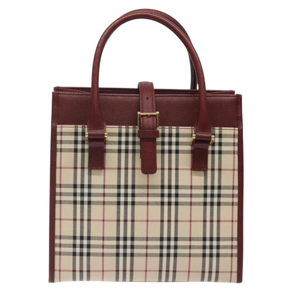 BURBERRY Nova Check Hand Bag Canvas Beige Wine Red gold Auth am8471