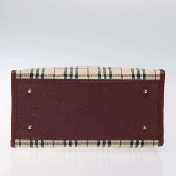 BURBERRY Nova Check Hand Bag Canvas Beige Wine Red gold Auth am8471