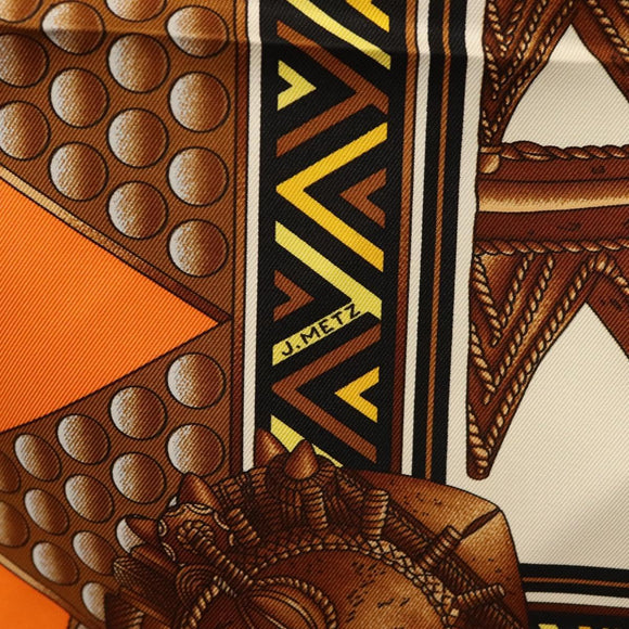 HERMES Carre 90 Scarf ""L'ORDES CHEFS"" Silk Black Orange Auth am8501