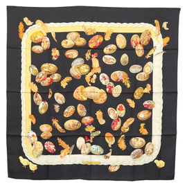 HERMES Carre 90 Scarf ""Couvee d'Hermes"" Silk Black Auth am8503