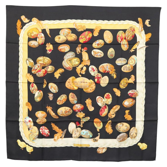 HERMES Carre 90 Scarf ""Couvee d'Hermes"" Silk Black Auth am8503