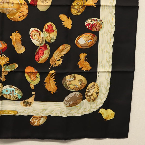 HERMES Carre 90 Scarf ""Couvee d'Hermes"" Silk Black Auth am8503